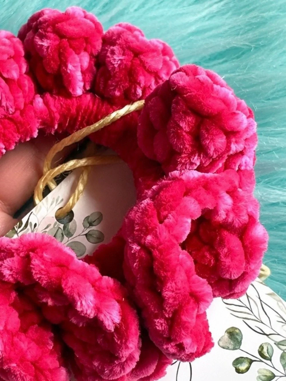 PinkRainCloud Handmade Luxe Velvet Hot Pink Crochet Plush Hair Scrunchie